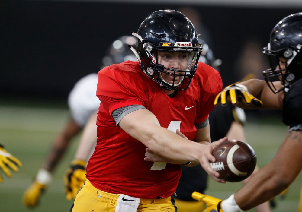 Iowa Hawkeyes quarterback Nathan Stanley (4)  during spring practice  Saturday, March 31, 2018 at the Hansen Football Performance Center. (Brian Ray/hawkeyesports.com)