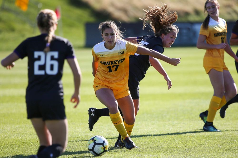 Iowa Hawkeyes defender Hannah Drkulec (17) dribbles the ball during a game against Northwestern at the Iowa Soccer Complex on October 21, 2018. (Tork Mason/hawkeyesports.com)