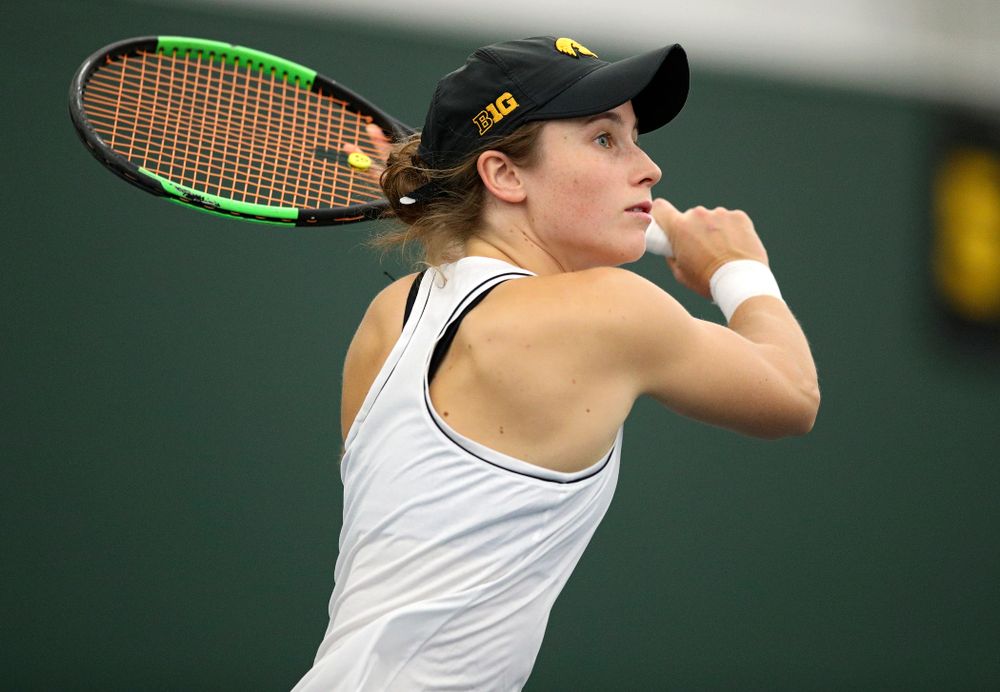 Iowa’s Elise Van Heuvelen returns a shot during her singles match at the Hawkeye Tennis and Recreation Complex in Iowa City on Sunday, February 16, 2020. (Stephen Mally/hawkeyesports.com)