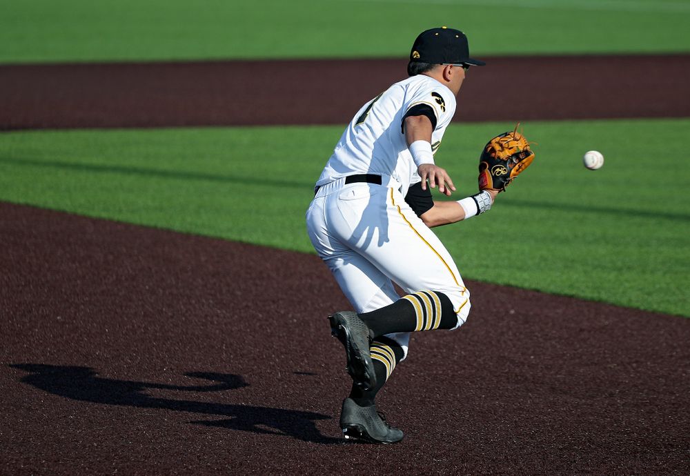 Iowa infielder Matthew Sosa (31) throws to first for an out during the ninth inning of their college baseball game at Duane Banks Field in Iowa City on Wednesday, March 11, 2020. (Stephen Mally/hawkeyesports.com)