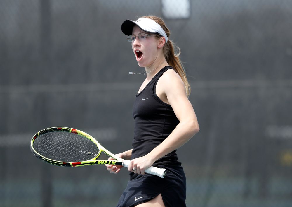 Iowa's Montana Crawford against the Wisconsin Badgers Sunday, April 22, 2018 at the Hawkeye Tennis and Recreation Center. (Brian Ray/hawkeyesports.com)
