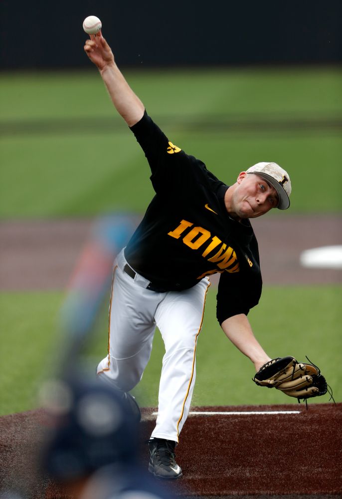Iowa Hawkeyes pitcher Cole McDonald (11) delivers the ball to the plate against the Penn State Nittany Lions Friday, May 18, 2018 at Duane Banks Field. (Brian Ray/hawkeyesports.com)