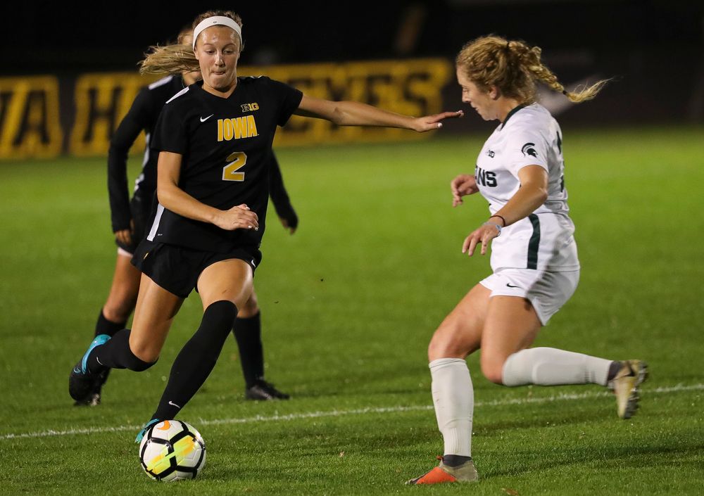 Iowa Hawkeyes midfielder Hailey Rydberg (2) dribbles the ball during a game against Michigan State at the Iowa Soccer Complex on October 12, 2018. (Tork Mason/hawkeyesports.com)
