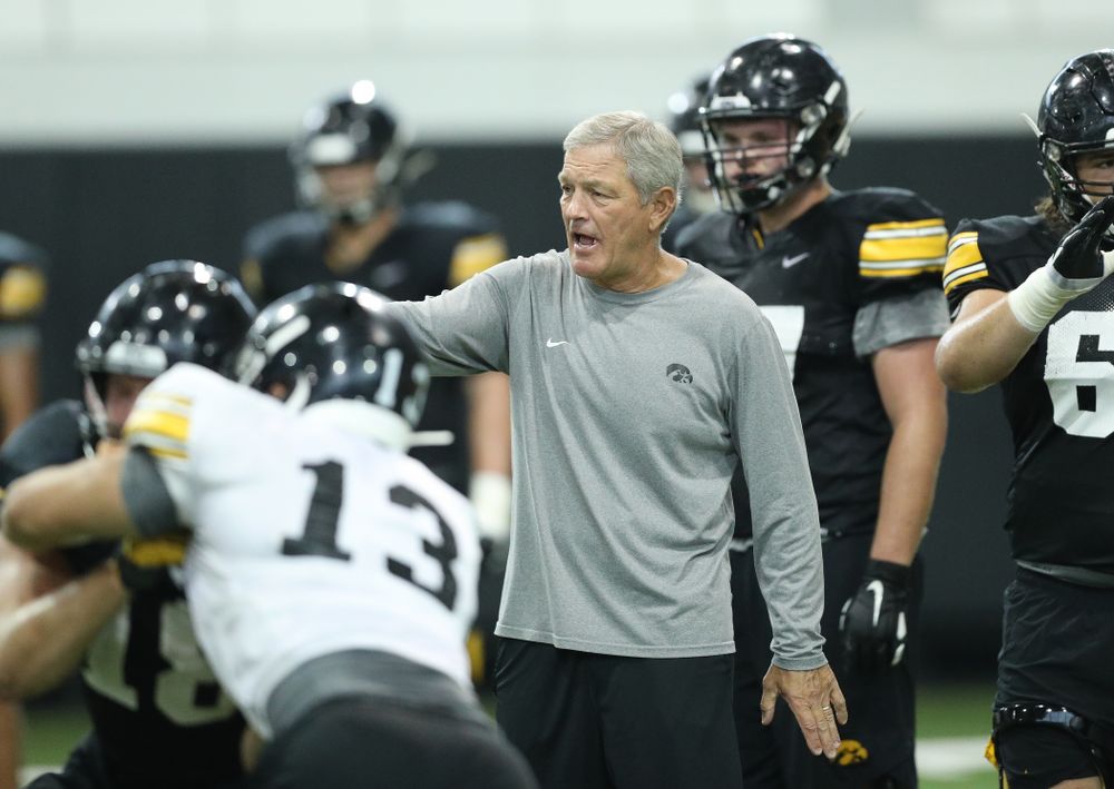 Iowa Hawkeyes head coach Kirk Ferentz during Fall Camp Practice No. 16 Tuesday, August 20, 2019 at the Ronald D. and Margaret L. Kenyon Football Practice Facility. (Brian Ray/hawkeyesports.com)