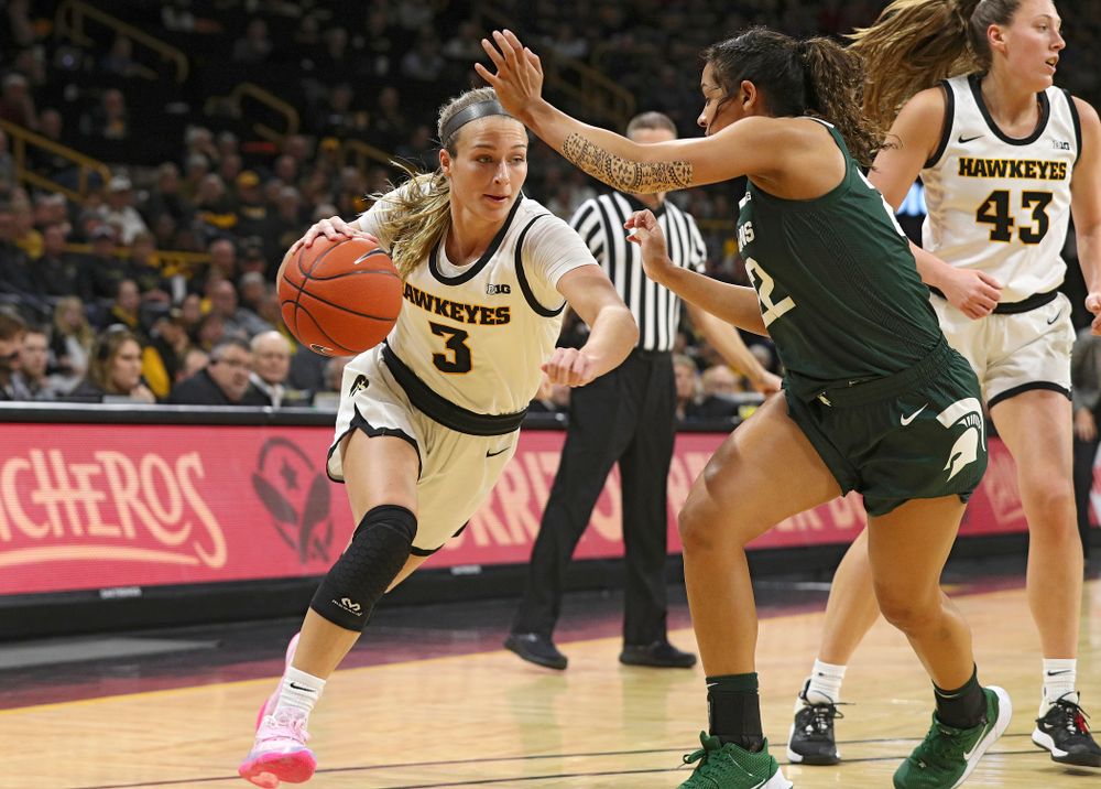 Iowa Hawkeyes guard Makenzie Meyer (3) drives with the ball during the first quarter of their game at Carver-Hawkeye Arena in Iowa City on Sunday, January 26, 2020. (Stephen Mally/hawkeyesports.com)