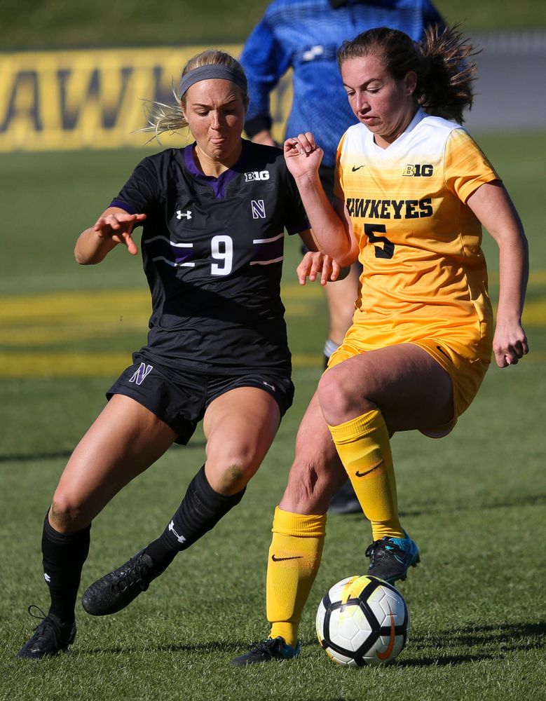Iowa Hawkeyes defender Riley Whitaker (5) dribbles the ball during a game against Northwestern at the Iowa Soccer Complex on October 21, 2018. (Tork Mason/hawkeyesports.com)