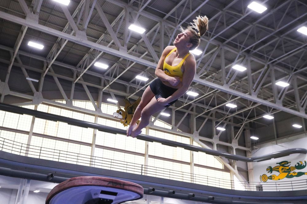 Alex Greenwald performs on the vault during the Iowa women’s gymnastics Black and Gold Intraquad Meet on Saturday, December 7, 2019 at the UI Field House. (Lily Smith/hawkeyesports.com)