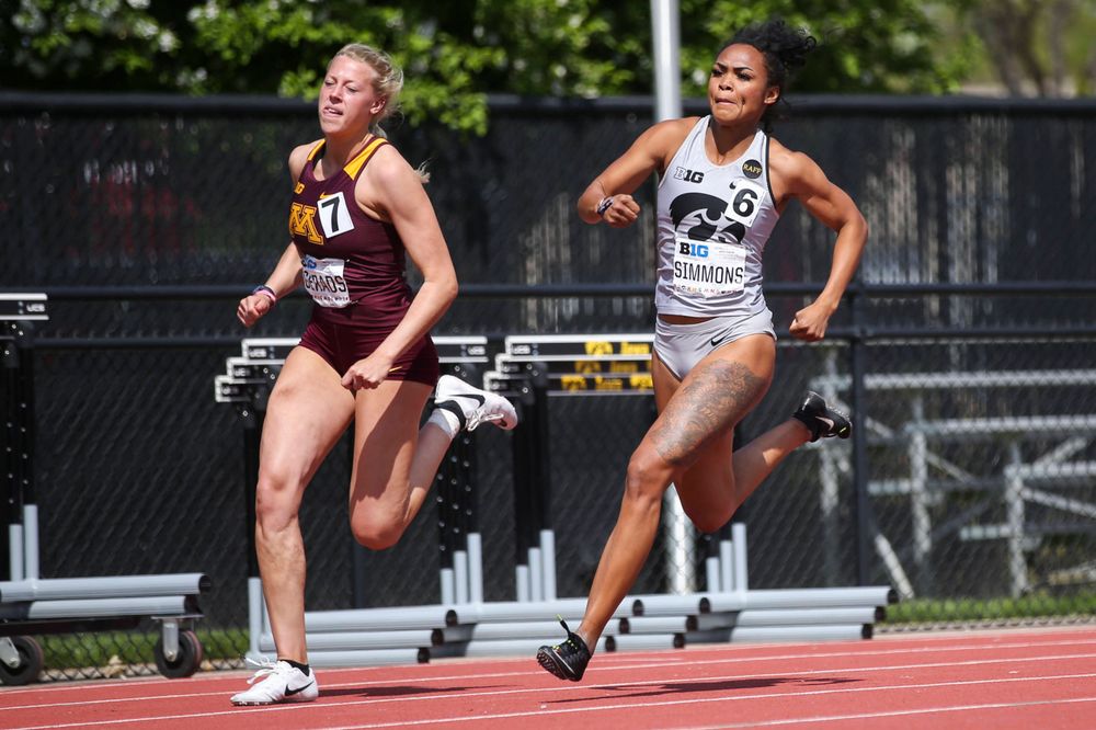 Iowa's Tria Simmons runs during the women's 200-meter dash at the Big Ten Outdoor Track and Field Championships at Francis X. Cretzmeyer Track on Friday, May 10, 2019. (Lily Smith/hawkeyesports.com)