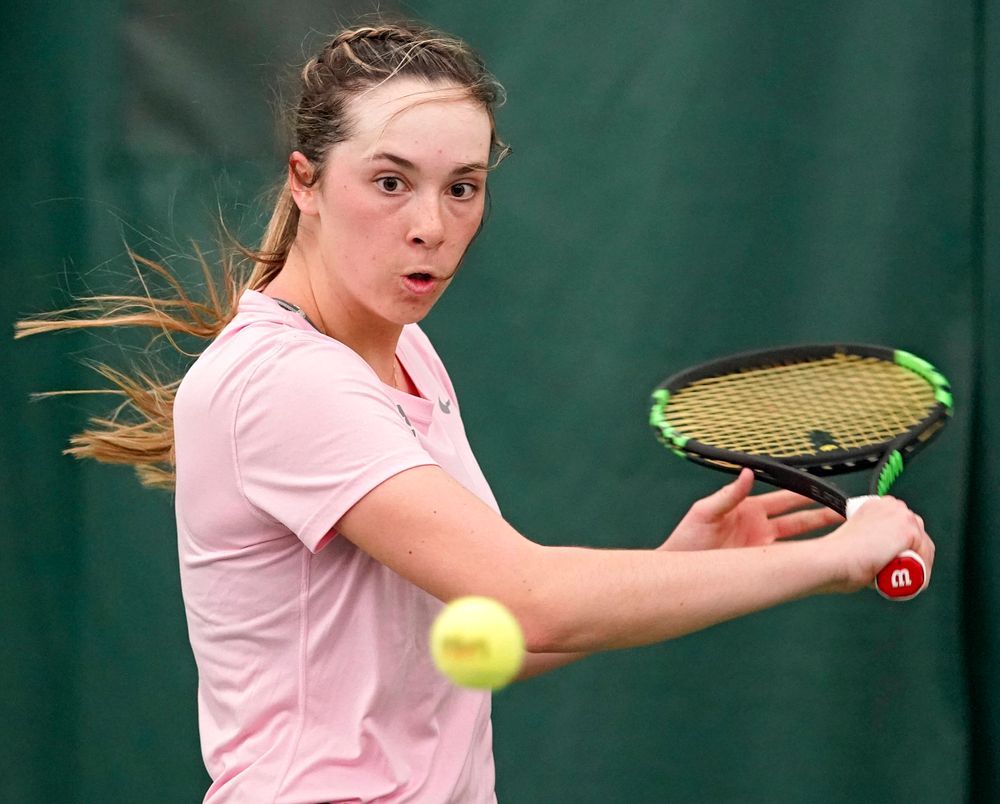 Iowa's Samantha Mannix plays a match against Purdue at the Hawkeye Tennis and Recreation Complex in Iowa City on Friday, Mar. 29, 2019. (Stephen Mally/hawkeyesports.com)