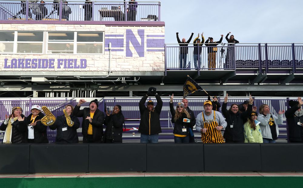 Fans of the Iowa Hawkeyes celebrate their victory against the Michigan Wolverines in the semi-finals of the Big Ten Tournament Friday, November 2, 2018 at Lakeside Field on the campus of Northwestern University in Evanston, Ill. (Brian Ray/hawkeyesports.com)