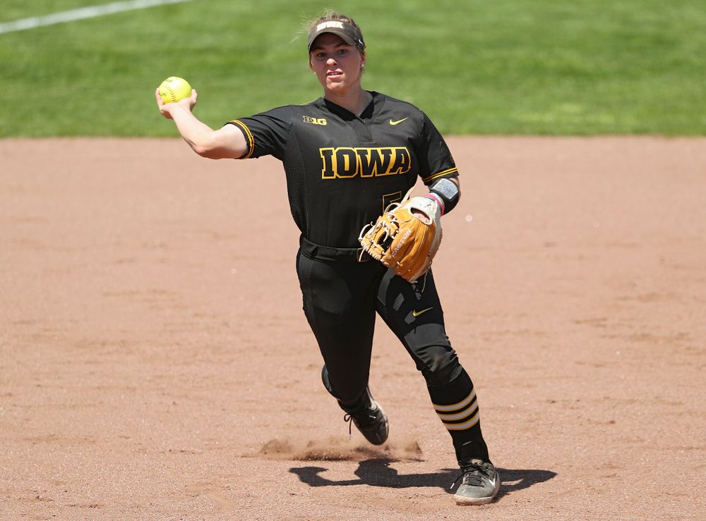 Iowa third baseman Sydney Owens (5) throws to first for an out during the third inning of their game against Ohio State at Pearl Field in Iowa City on Saturday, May. 4, 2019. (Stephen Mally/hawkeyesports.com)
