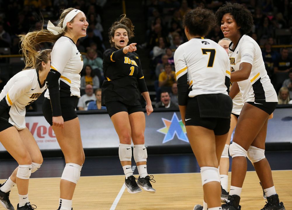 Iowa Hawkeyes defensive specialist Molly Kelly (1) reacts after winning a point during a game against Purdue at Carver-Hawkeye Arena on October 13, 2018. (Tork Mason/hawkeyesports.com)