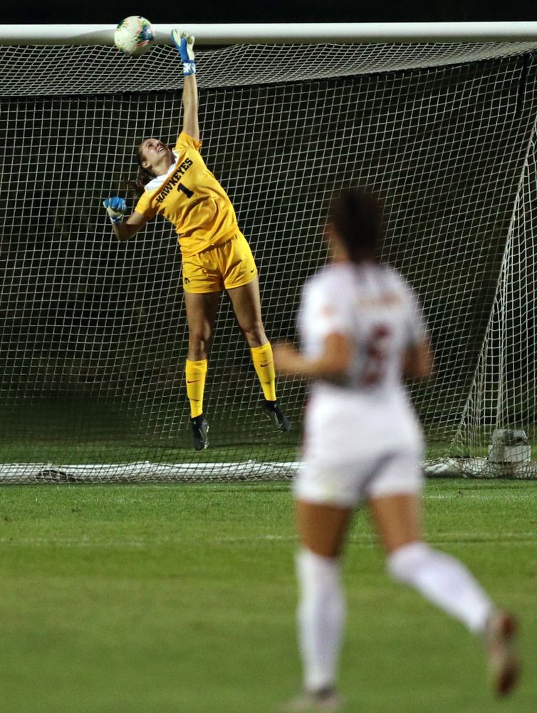 Iowa Hawkeyes goalkeeper Claire Graves (1) makes a save during a 2-1 victory over the Iowa State Cyclones Thursday, August 29, 2019 in the Iowa Corn Cy-Hawk series at the Iowa Soccer Complex. (Brian Ray/hawkeyesports.com)