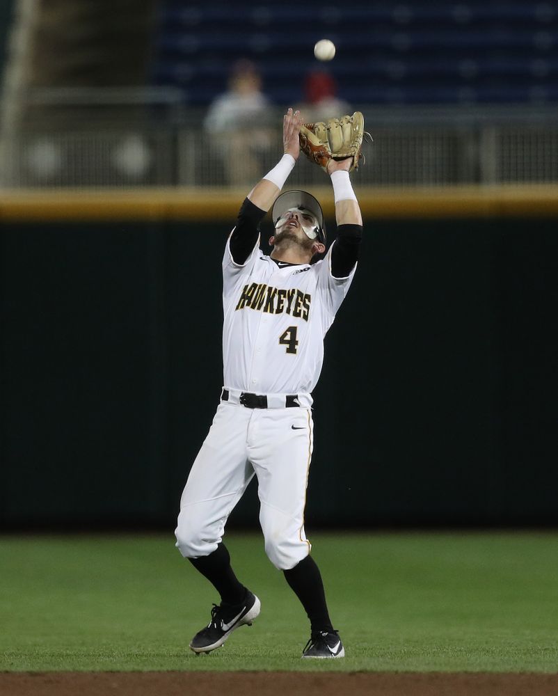 Iowa Hawkeyes infielder Mitchell Boe (4) against the Minnesota Golden Gophers in the  Big Ten Baseball Tournament Friday, May 24, 2019 at TD Ameritrade Park in Omaha, Neb. (Brian Ray/hawkeyesports.com)