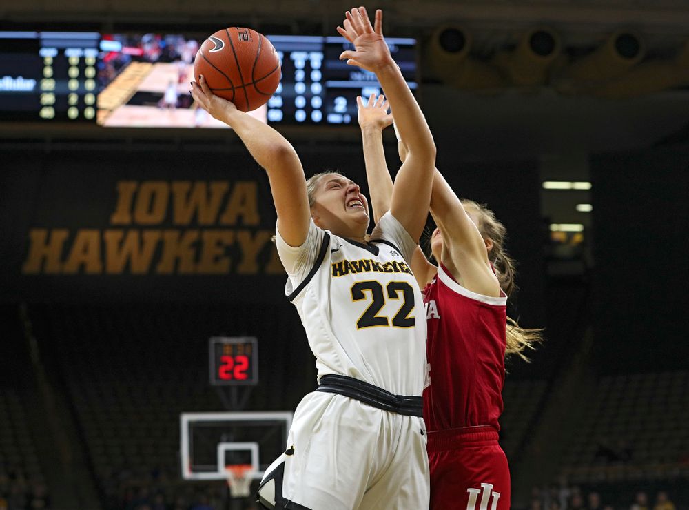 Iowa Hawkeyes guard Kathleen Doyle (22) makes a basket during the first quarter of their game at Carver-Hawkeye Arena in Iowa City on Sunday, January 12, 2020. (Stephen Mally/hawkeyesports.com)