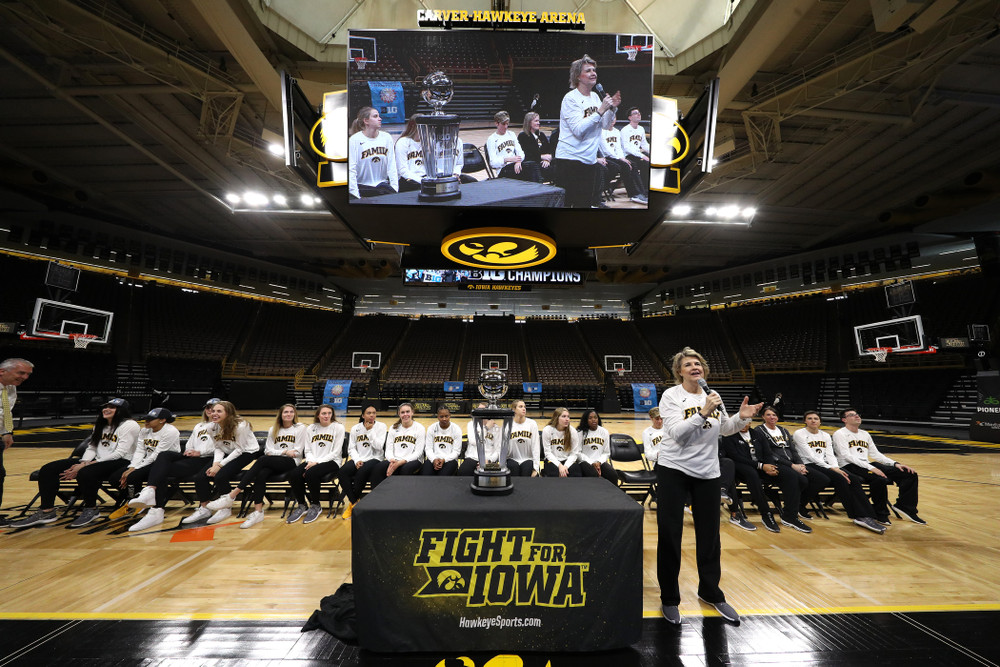 Iowa Hawkeyes head coach Lisa Bluder during a celebration of their Big Ten Women's Basketball Tournament championship Monday, March 18, 2019 at Carver-Hawkeye Arena. (Brian Ray/hawkeyesports.com)