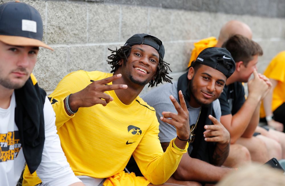 Iowa Hawkeyes wide receiver Ihmir Smith-Marsette (6) and defensive back Geno Stone (9) during the Iowa Student Athlete Kickoff Kickball game  Sunday, August 19, 2018 at Duane Banks Field. (Brian Ray/hawkeyesports.com)