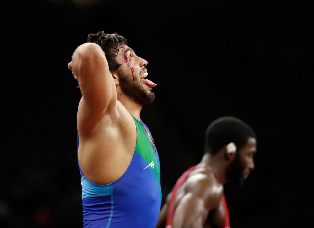 Joshgun Azimov in gold medal match of the United World Wrestling Freestyle World Cup against the United States Sunday, April 8, 2018 at Carver-Hawkeye Arena. (Brian Ray/hawkeyesports.com)