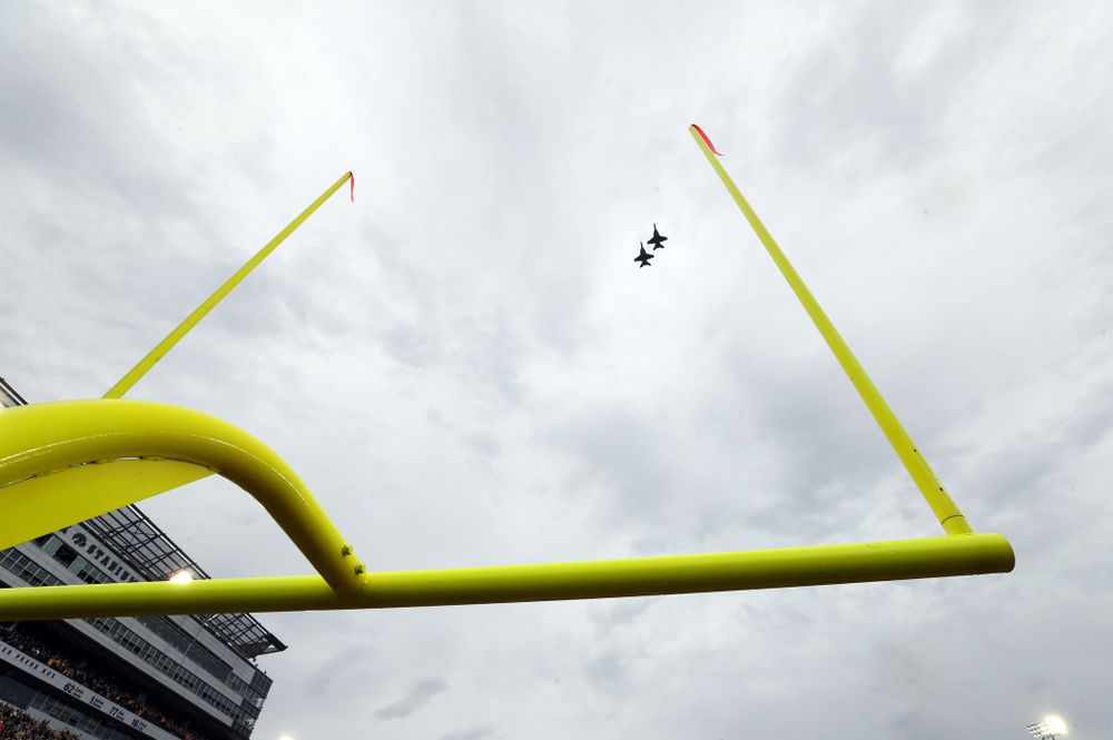 A pair of F18s fly over Kinnick Stadium before the Iowa Hawkeyes game against the Purdue Boilermakers Saturday, October 19, 2019. (Brian Ray/hawkeyesports.com)