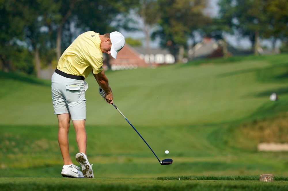 Iowa’s Benton Weinberg tees off during the third day of the Golfweek Conference Challenge at the Cedar Rapids Country Club in Cedar Rapids on Tuesday, Sep 17, 2019. (Stephen Mally/hawkeyesports.com)