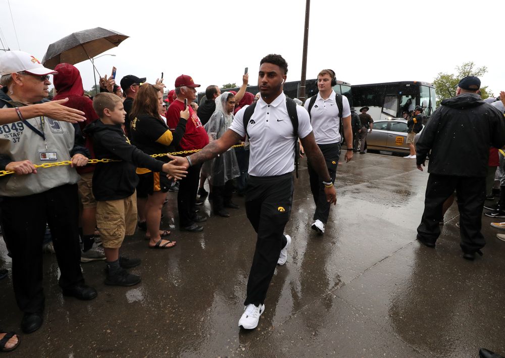 Iowa Hawkeyes defensive back Geno Stone (9) arrives for their game against the Iowa State Cyclones Saturday, September 14, 2019 at Jack Trice Stadium in Ames, Iowa. (Brian Ray/hawkeyesports.com)