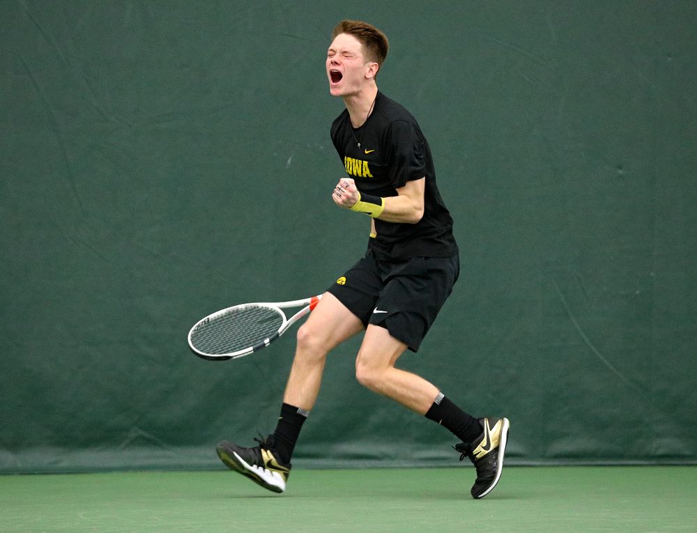 Iowa’s Jason Kerst celebrates a point during his singles match at the Hawkeye Tennis and Recreation Complex in Iowa City on Friday, February 14, 2020. (Stephen Mally/hawkeyesports.com)