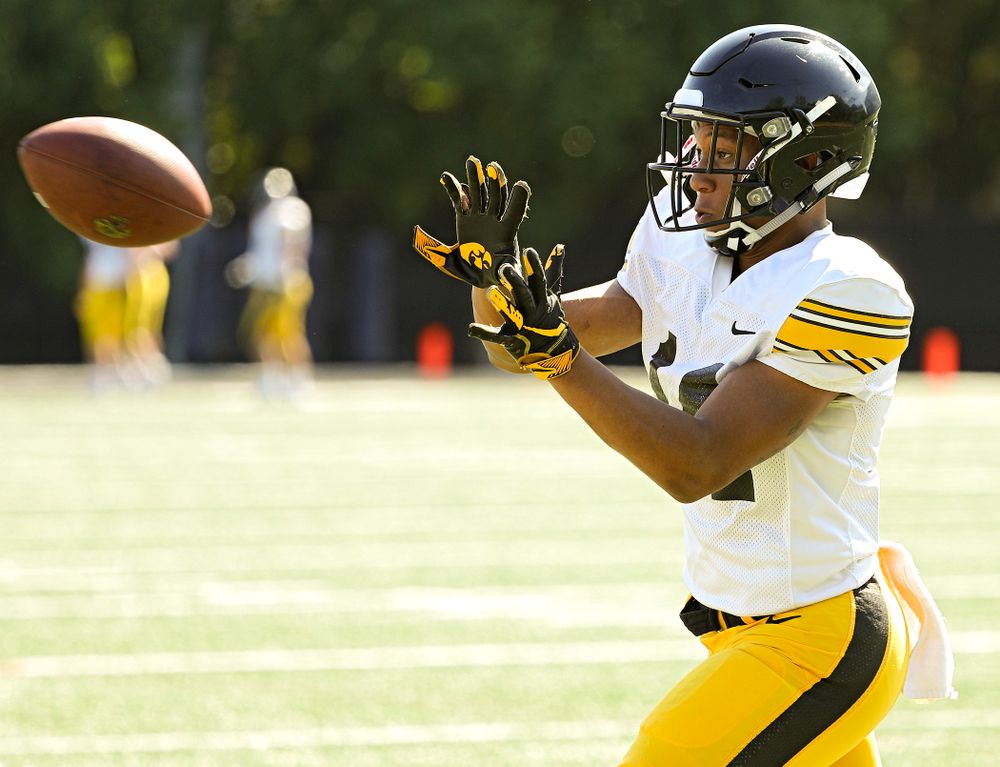 Iowa Hawkeyes defensive back Daraun McKinney (14) runs a drill during Fall Camp Practice #5 at the Hansen Football Performance Center in Iowa City on Tuesday, Aug 6, 2019. (Stephen Mally/hawkeyesports.com)
