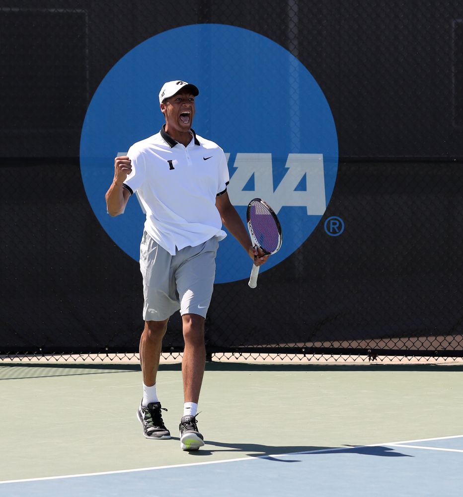 IowaÕs Oliver Okonkwo and Will Davies play a doubles match against the Michigan Wolverines Sunday, April 21, 2019 at the Hawkeye Tennis and Recreation Complex. (Brian Ray/hawkeyesports.com)