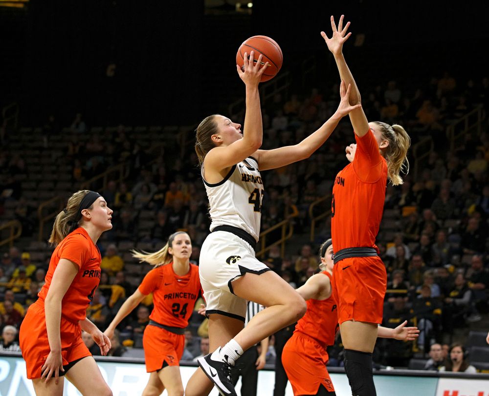 Iowa forward Amanda Ollinger (43) scores a basket during the third quarter of their overtime win against Princeton at Carver-Hawkeye Arena in Iowa City on Wednesday, Nov 20, 2019. (Stephen Mally/hawkeyesports.com)