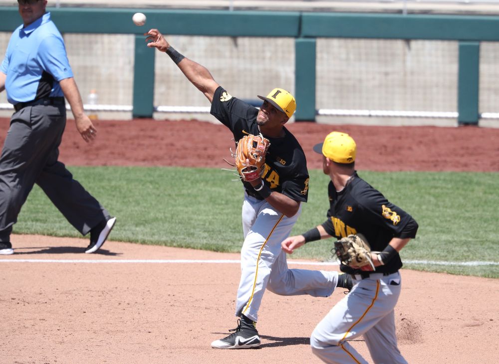 Iowa Hawkeyes infielder Lorenzo Elion (1) against the Nebraska Cornhuskers in the first round of the Big Ten Baseball Tournament Friday, May 24, 2019 at TD Ameritrade Park in Omaha, Neb. (Brian Ray/hawkeyesports.com)