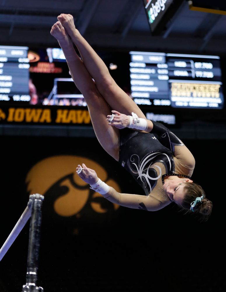 Iowa's Melissa Zurawski competes on the bars against the Nebraska Cornhuskers 