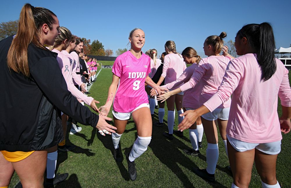 Iowa defender Samantha Cary (9) takes the field before their match at the Iowa Soccer Complex in Iowa City on Sunday, Oct 27, 2019. (Stephen Mally/hawkeyesports.com)
