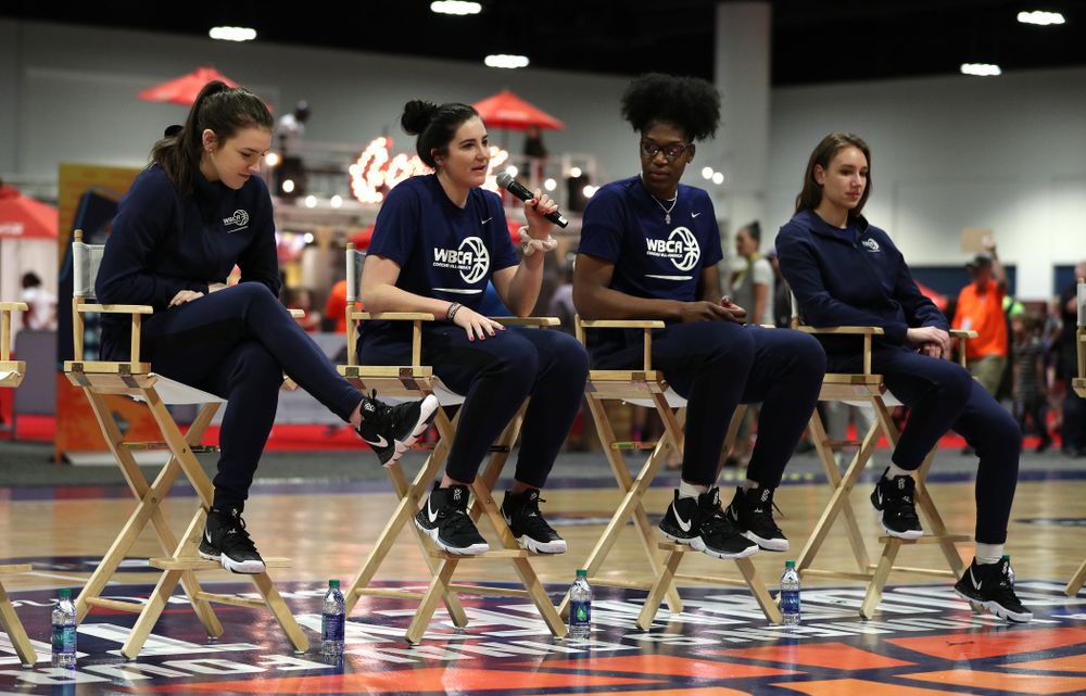 Iowa Hawkeyes forward Megan Gustafson (10) participates in a panel discussion with the other WBCA All Americans at the Tourney Town Fan Fest Friday, April 5, 2019 at the Tampa Convention Center in Tampa, FL. (Brian Ray/hawkeyesports.com)