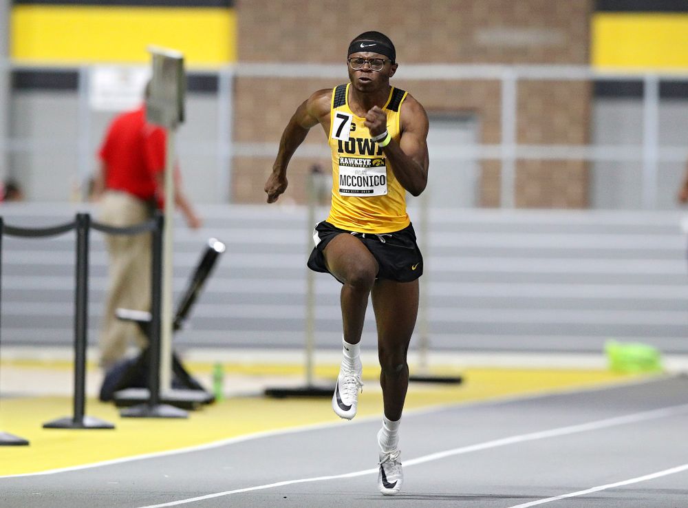 Iowa’s Jaylan McConico runs in the men’s 60 meter dash prelim event during the Hawkeye Invitational at the Recreation Building in Iowa City on Saturday, January 11, 2020. (Stephen Mally/hawkeyesports.com)