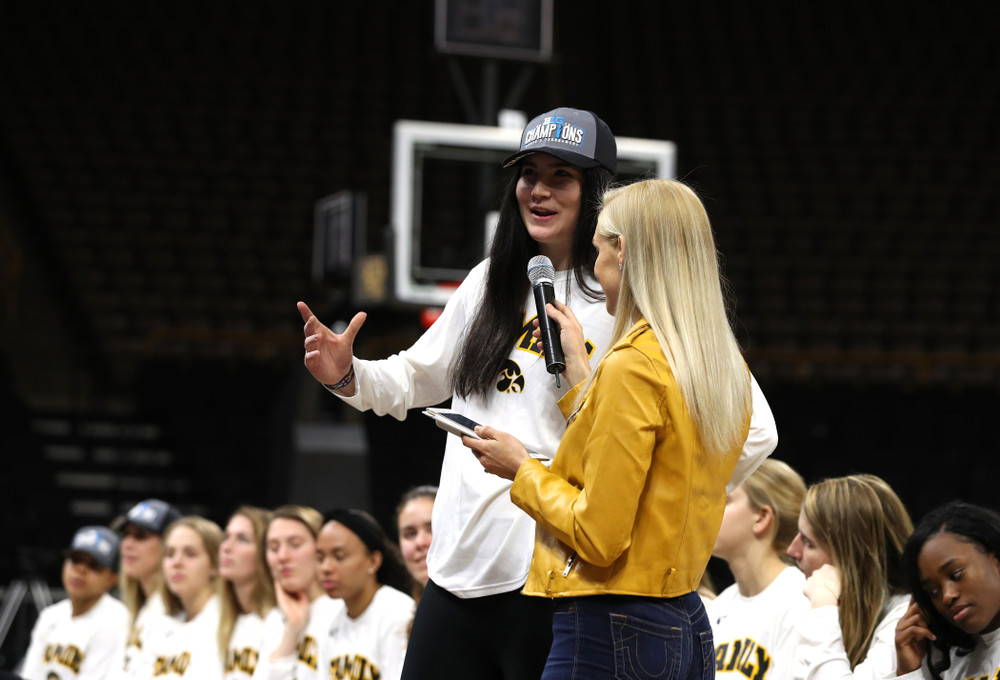 Iowa Hawkeyes forward Megan Gustafson (10) during a celebration of their Big Ten Women's Basketball Tournament championship Monday, March 18, 2019 at Carver-Hawkeye Arena. (Brian Ray/hawkeyesports.com)