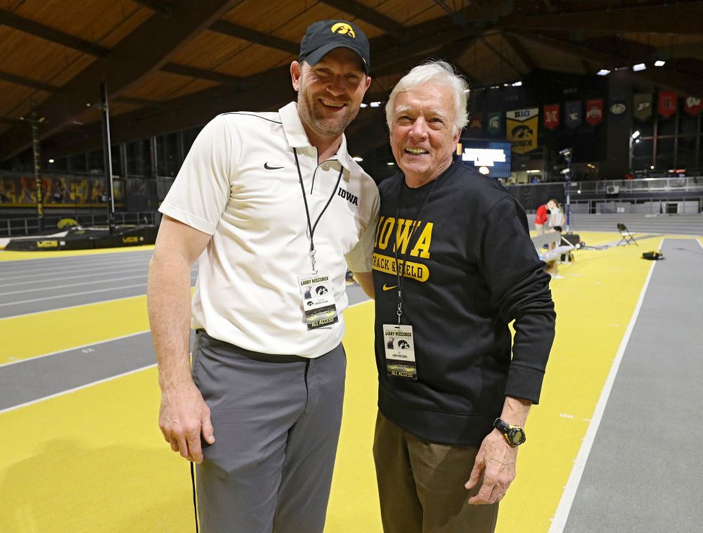 Iowa director of track and field Joey Woody (from left) and Larry Wieczorek during the Larry Wieczorek Invitational at the Recreation Building in Iowa City on Saturday, January 18, 2020. (Stephen Mally/hawkeyesports.com)