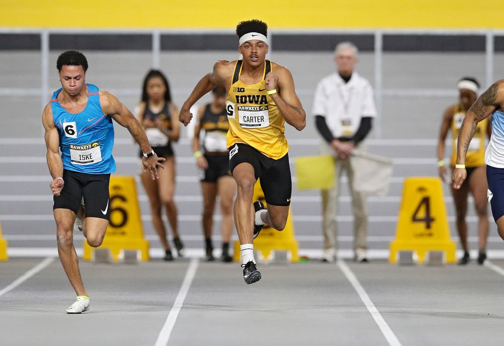 Iowa’s James Carter runs in the men’s 60 meter dash prelim event during the Hawkeye Invitational at the Recreation Building in Iowa City on Saturday, January 11, 2020. (Stephen Mally/hawkeyesports.com)