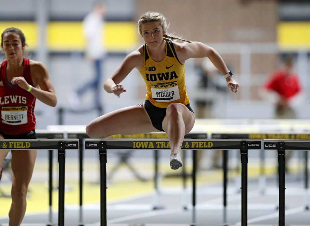 Iowa’s Sydney Winger competes in the women’s 60 meter hurdles prelims event during the Jimmy Grant Invitational at the Recreation Building in Iowa City on Saturday, December 14, 2019. (Stephen Mally/hawkeyesports.com)