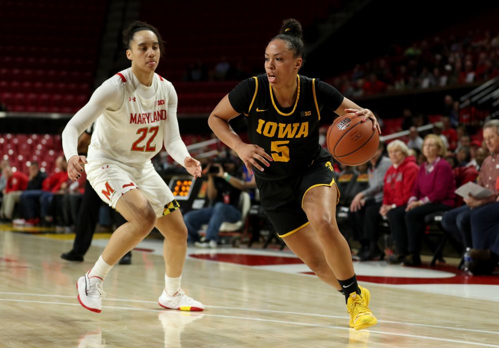 Iowa Hawkeyes guard Alexis Sevillian (5) against the Maryland Terrapins Thursday, February 13, 2020 at the Xfinity Center in College Park, MD. (Brian Ray/hawkeyesports.com)