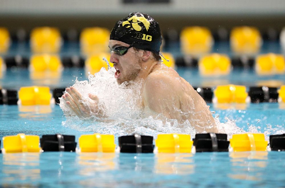 Iowa’s Weston Credit swims the breaststroke section in the men’s 400 yard medley relay event during their meet at the Campus Recreation and Wellness Center in Iowa City on Friday, February 7, 2020. (Stephen Mally/hawkeyesports.com)