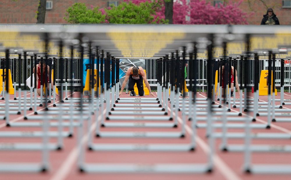 Iowa's Peyton Haack waits in the blocks before the start of the men’s 110 meter hurdles in the decathlon event on the second day of the Big Ten Outdoor Track and Field Championships at Francis X. Cretzmeyer Track in Iowa City on Saturday, May. 11, 2019. (Stephen Mally/hawkeyesports.com)
