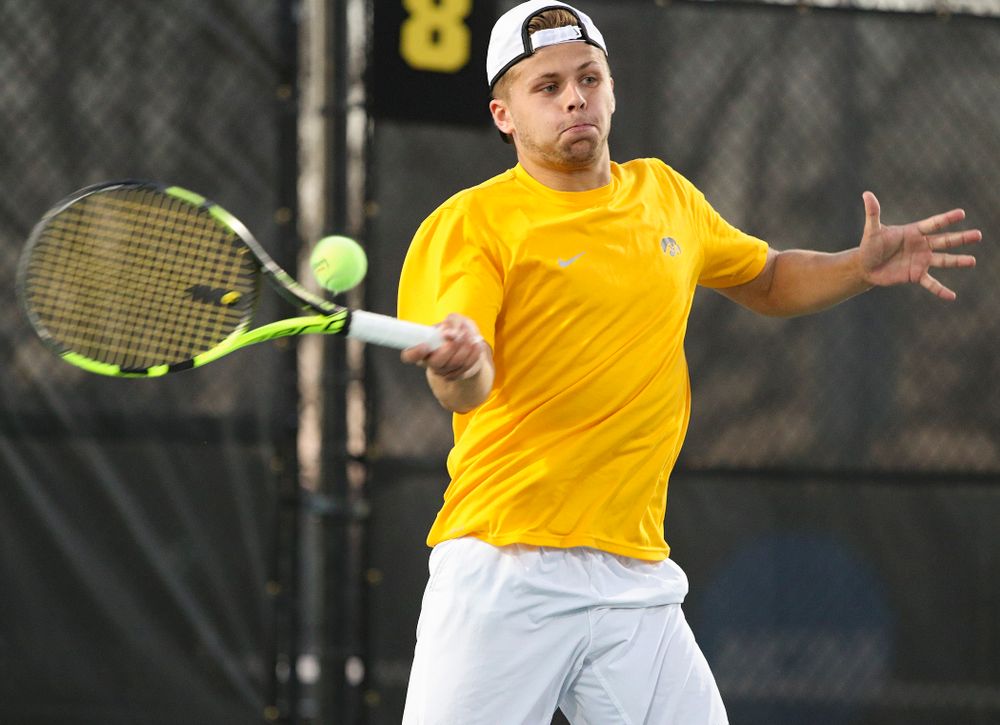 Iowa's Will Davies during his match again Michigan State at the Hawkeye Tennis and Recreation Complex in Iowa City on Friday, Apr. 19, 2019. (Stephen Mally/hawkeyesports.com)