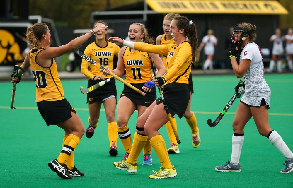Iowa Hawkeyes midfielder Sophie Sunderland (20) celebrates with her teammates after scoring a goal during a game against Stanford at Grant Field on October 7, 2018. (Tork Mason/hawkeyesports.com)