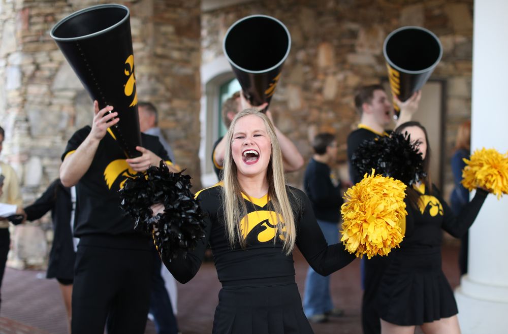 The Iowa Cheerleaders during a send off at the hotel before their game against the NC State Wolfpack in the regional semi-final of the 2019 NCAA Women's College Basketball Tournament Saturday, March 30, 2019 at Greensboro Coliseum in Greensboro, NC.(Brian Ray/hawkeyesports.com)