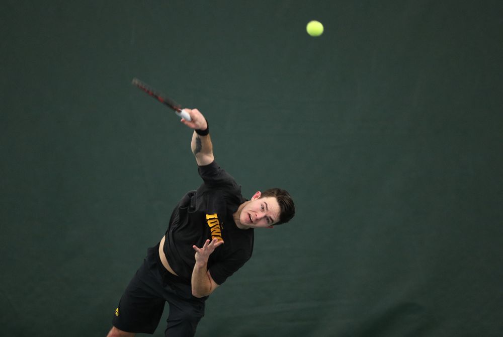 Jonas Larsen against the Miami Hurricanes Friday, February 8, 2019 at the Hawkeye Tennis and Recreation Complex. (Brian Ray/hawkeyesports.com)