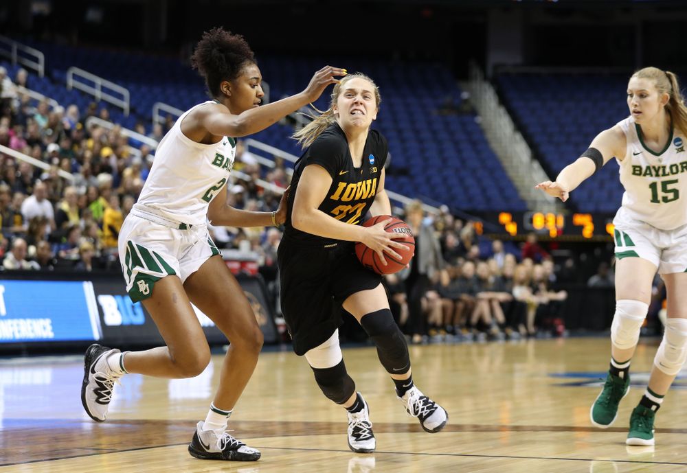 Iowa Hawkeyes guard Kathleen Doyle (22) against the Baylor Lady Bears in the regional final of the 2019 NCAA Women's College Basketball Tournament Monday, April 1, 2019 at Greensboro Coliseum in Greensboro, NC.(Brian Ray/hawkeyesports.com)
