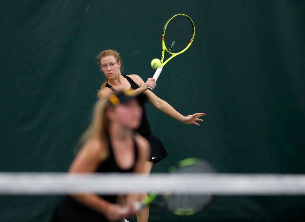 Danielle Burich and Montana Crawford play a doubles match against Ohio State Sunday, March 25, 2018 at the Hawkeye Tennis and Recreation Center. (Brian Ray/hawkeyesports.com)