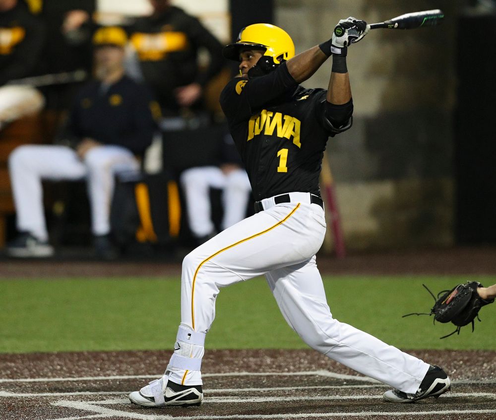 Iowa Hawkeyes third baseman Lorenzo Elion (1) hits an RBI double during the sixth inning of their game against Western Illinois at Duane Banks Field in Iowa City on Wednesday, May. 1, 2019. (Stephen Mally/hawkeyesports.com)