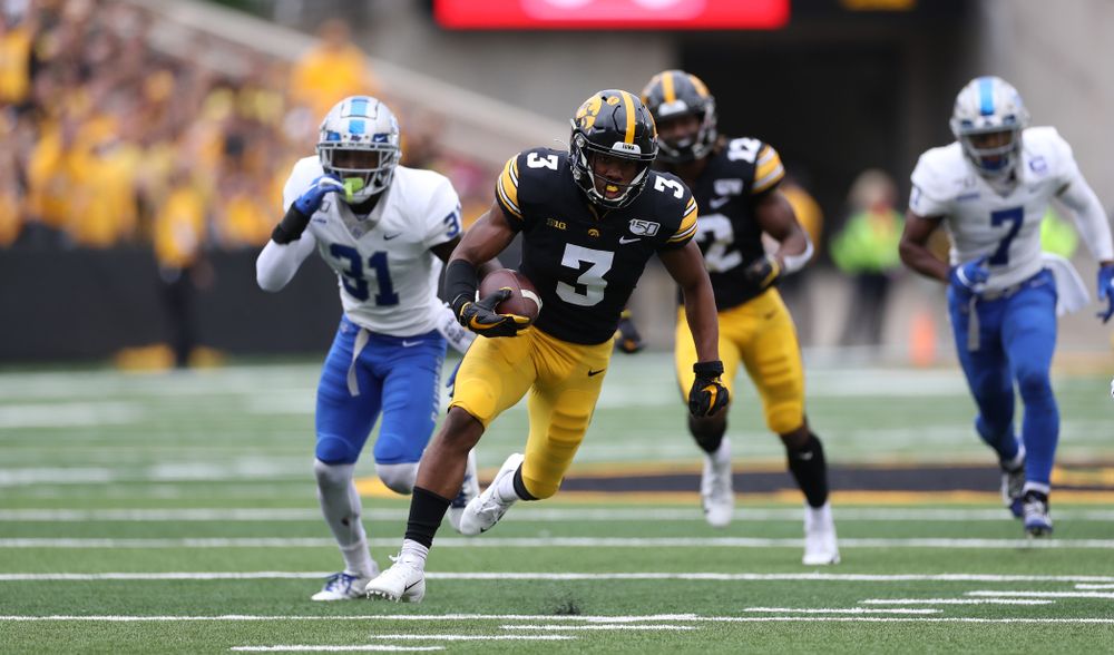 Iowa Hawkeyes wide receiver Tyrone Tracy Jr. (3) against Middle Tennessee State Saturday, September 28, 2019 at Kinnick Stadium. (Max Allen/hawkeyesports.com)