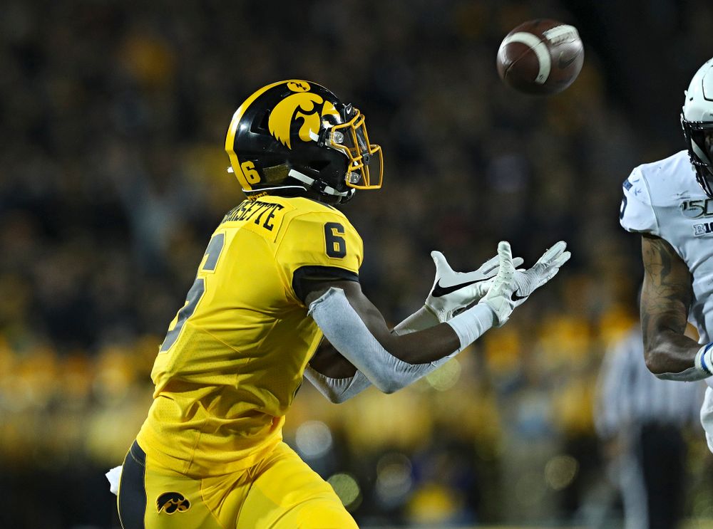 Iowa Hawkeyes wide receiver Ihmir Smith-Marsette (6) pulls in a pass during the second quarter of their game at Kinnick Stadium in Iowa City on Saturday, Oct 12, 2019. (Stephen Mally/hawkeyesports.com)